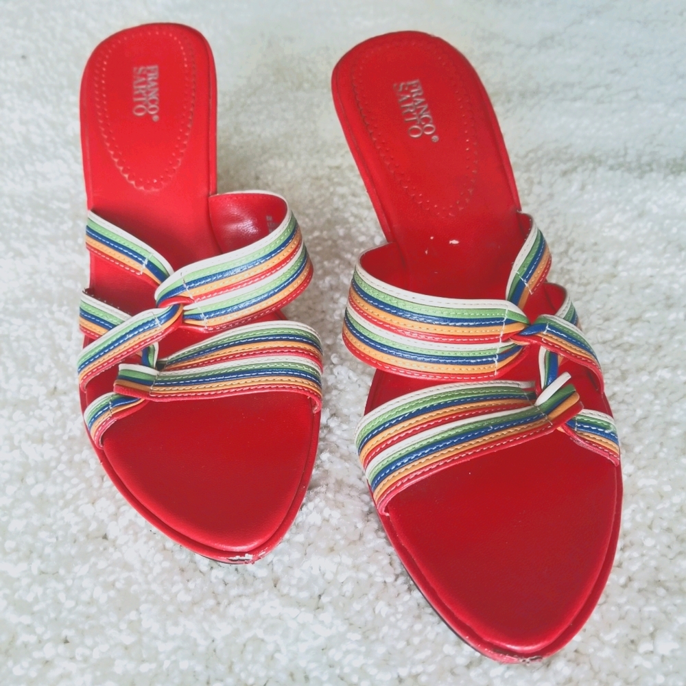 Franco Sarto Red Flatform Rainbow Strap Sandal